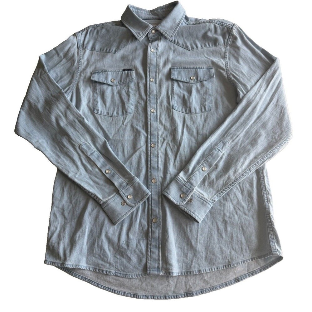 Poncho Chambray Shirt Slim Fit Light Wash Denim Western Pearl Snap Mens Large